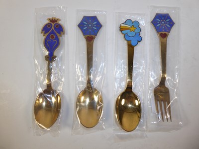 Lot 2230 - A Set of Five Danish Silver-Gilt and Enamel Spoons