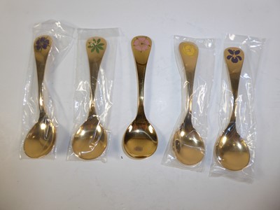 Lot 2230 - A Set of Five Danish Silver-Gilt and Enamel Spoons