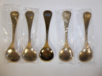 Lot 2230 - A Set of Five Danish Silver-Gilt and Enamel Spoons
