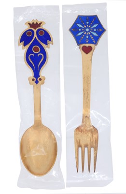 Lot 2230 - A Set of Five Danish Silver-Gilt and Enamel Spoons