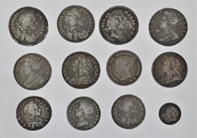 Lot 75 - 12 x Maundy Coins, to include: 2 x Charles II...