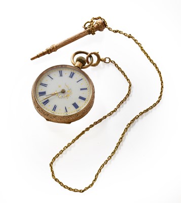 Lot 226 - A lady's fob watch, case stamped 14k, chain...