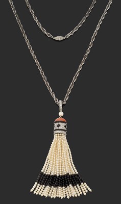 Lot 2363 - A French Coral, Onyx, Diamond and Seed Pearl Tassel Pendant on Chain
