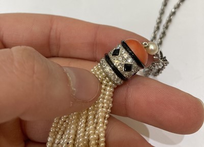 Lot 2363 - A French Coral, Onyx, Diamond and Seed Pearl Tassel Pendant on Chain