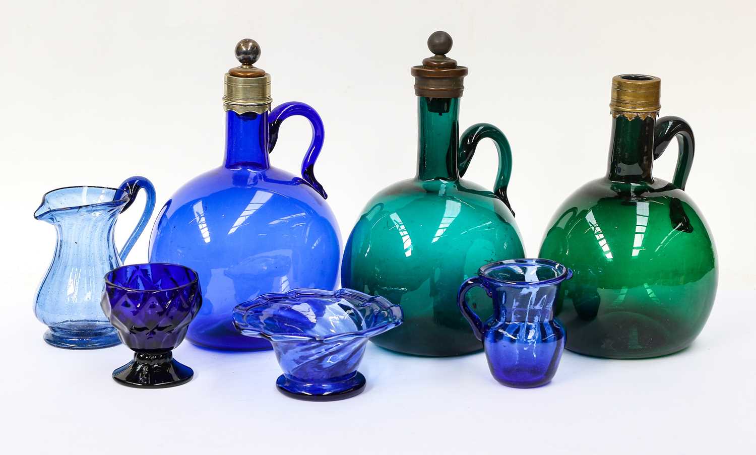 Lot 313 - Green and blue glass decanters, sunderland...
