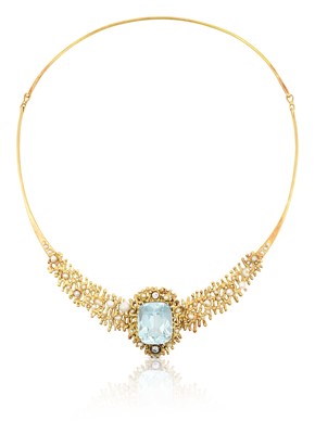 Lot 2271 - An Abstract 18 Carat Gold Aquamarine, Diamond and Pearl Necklace