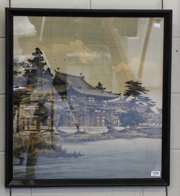 Lot 1058 - A silk work panel depicting a shogun palace...