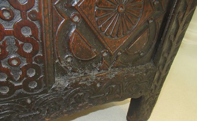 Lot 208 - A 17th Century Joined Oak Chest, carved IM MB...