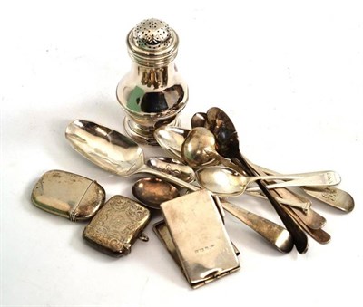 Lot 428A - Silver including two vesta cases, condiment spoons and Georgian silver muffineer