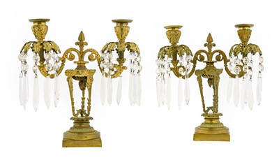 Lot 288 - A Pair of Gilt Metal and Cut Glass Twin-Light...