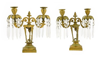 Lot 282 - A Pair of Gilt Metal and Cut Glass Twin-Light...