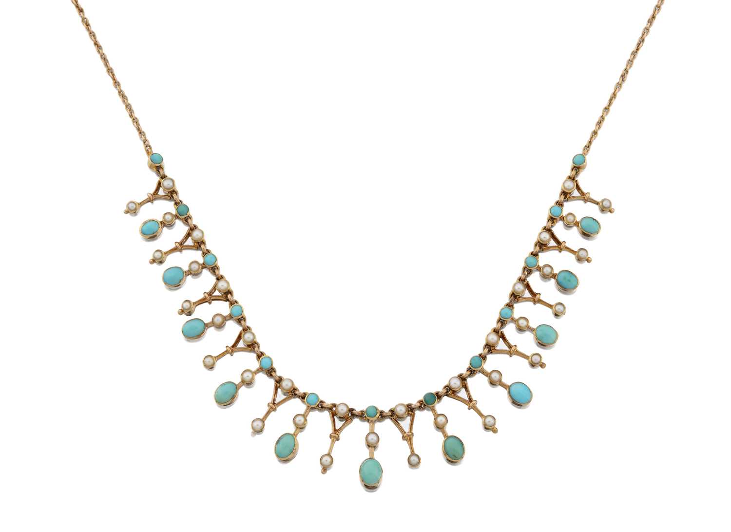 Lot 2069 - A Split Pearl and Turquoise Fringe Necklace