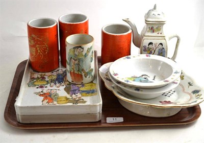 Lot 11 - Four assorted Chinese porcelain brush pots, 20th century and six famille rose plates, dishes...