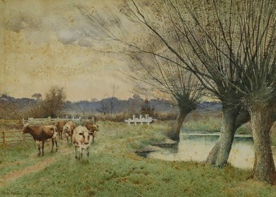 Lot 169 - Trevor Haddon River landscape with cattle...