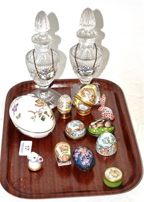 Lot 17 - A pair of cut glass scent bottles and labels, eight enamel boxes, a Wedgwood box and a Herend...