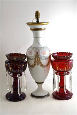 Lot 23 - Glass vase as a lamp and a pair of ruby lustres