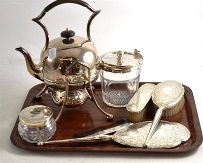 Lot 39 - Five piece silver dressing table set, plated spirit kettle and a biscuit barrel with silver-mounted