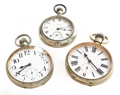 Lot 31 - A nickel-plated Elgin ASU pocket watch and two...
