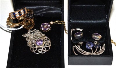 Lot 54 - Four 9ct gold stone set dress rings, assorted silver jewellery etc