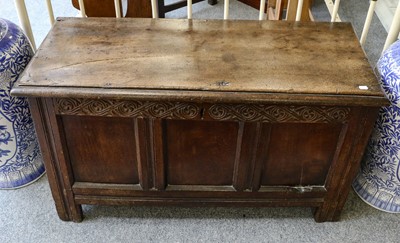 Lot 1238 - An 18th-century oak coffer, 114cm by 49cm by 52cm