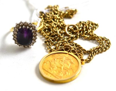 Lot 61 - 1919 gold sovereign pendant on chain and an amethyst and diamond ring