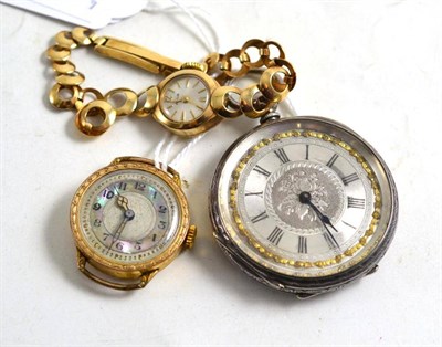 Lot 71 - Silver fob watch, lady's rolled gold fob watch and a 9ct gold wristwatch signed 'Avia'
