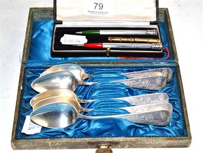 Lot 79 - Two sterling silver pencils and a set of five German spoons