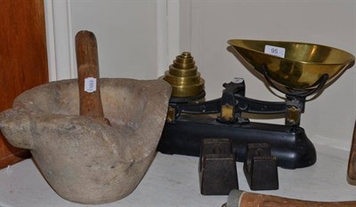 Lot 95 - Pestle and mortar and brass scales with weights