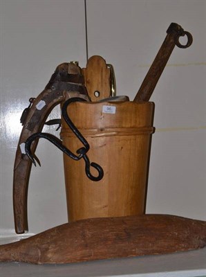 Lot 96 - Assorted treen items including a yoke, farming implements and a water barrel