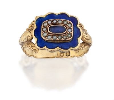 Lot 2033 - A Seed Pearl and Enamel Memorial Ring