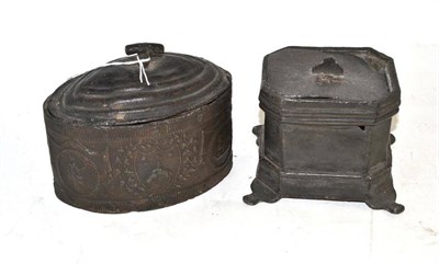 Lot 104 - Two lead tobacco boxes, one with Leeds crest