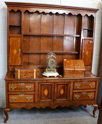 Lot 1263 - A 19th-century inlaid oak dresser and rack,...