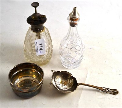 Lot 114 - A silver and tortoiseshell perfume atomiser, a cut glass Angostura bitters bottle with silver cover