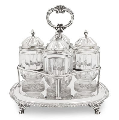 Lot 2195 - A George III Silver Condiment-Set With Four George IV Silver-Mounted Cut-Glass Jars
