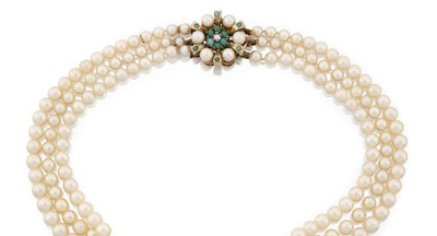 Lot 2074 - A Triple Row Cultured Pearl Necklace, with A Cultured Pearl and Turquoise Cluster Clasp