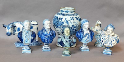 Lot 284 - Five Delft busts raised on socle plinths and...