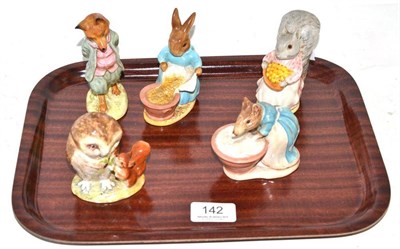 Lot 142 - Five Beswick Beatrix Potter figures, all BP2a, comprising: Foxy Whiskered Gentleman, Cecily...