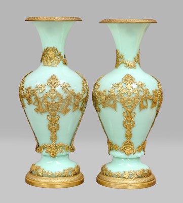 Lot 290 - A pair of French turquoise opaque glass vases...