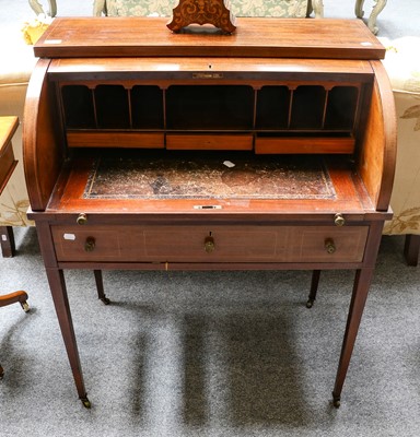 Lot 1157 - An Edwardian inlaid mahogany cylinder bureau,...