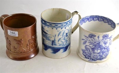 Lot 144 - A saltglaze stoneware mug, a Victorian printed mug and a pearlware mug (a.f.)