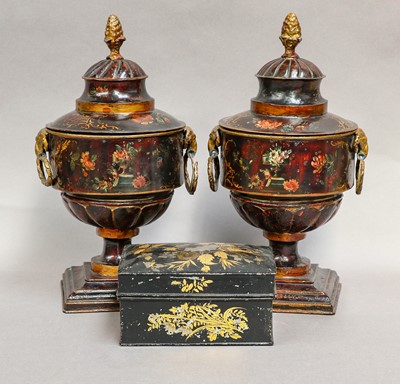 Lot 301 - A pair of toleware pedestal mantel urns and...