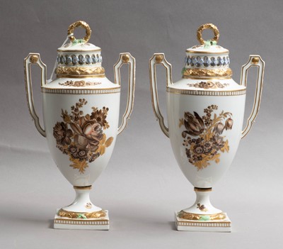 Lot 304 - A pair of Dresden potpourri pedestal jars and...