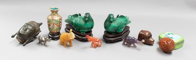 Lot 288 - A pair of Chinese carved malachite quail boxes,...