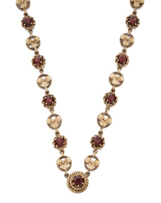 Lot 2018 - A 9 Carat Gold Garnet Brooch, A Pair of 9 Carat Gold Garnet Earrings and A Garnet Necklace