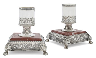 Lot 2248 - Two Russian Silver-Mounted Antico Rosso Candlesticks