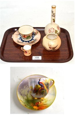 Lot 159 - A Royal Worcester small cup and saucer painted with a peacock, by W H Austin together with five...