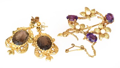 Lot 246 - A pair of 9 carat gold smoky quartz drop...