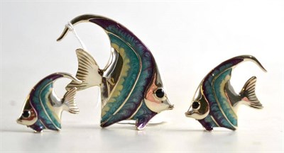 Lot 183 - A set of three silver and enamel fish, the largest 6cm tall (all stamped 925)