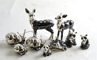 Lot 187 - Nine silver and niello-decorated animals - three fawns, three pandas and three snails (all...