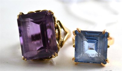 Lot 191 - An amethyst ring, stamped '9CT' and a synthetic spinel ring (2)